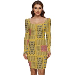 Digital Paper African Tribal Women Long Sleeve Ruched Stretch Jersey Dress