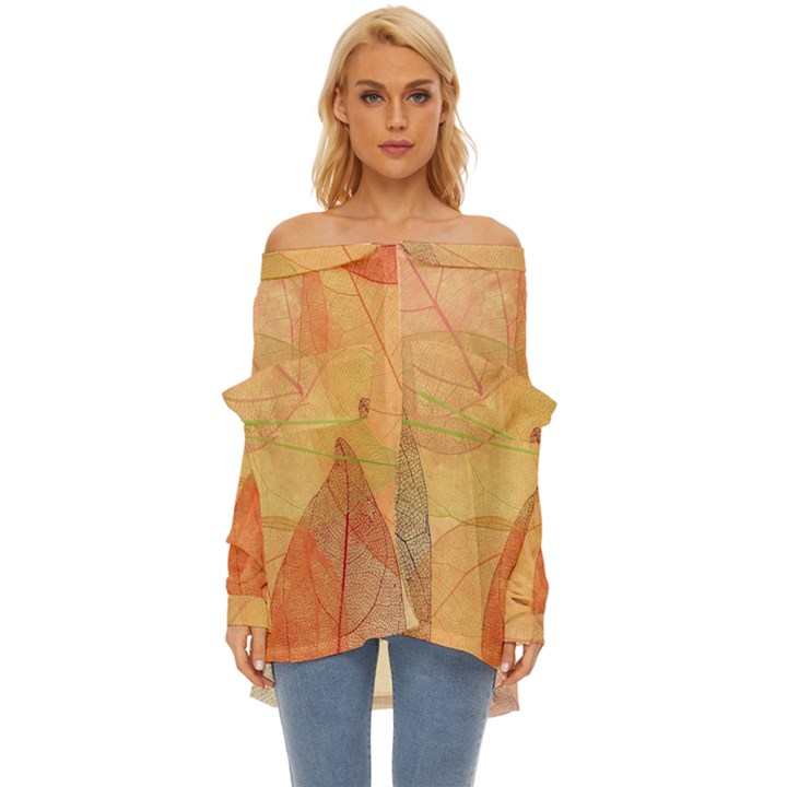 Leaves Patterns Colorful Leaf Pattern Off Shoulder Chiffon Pocket Shirt