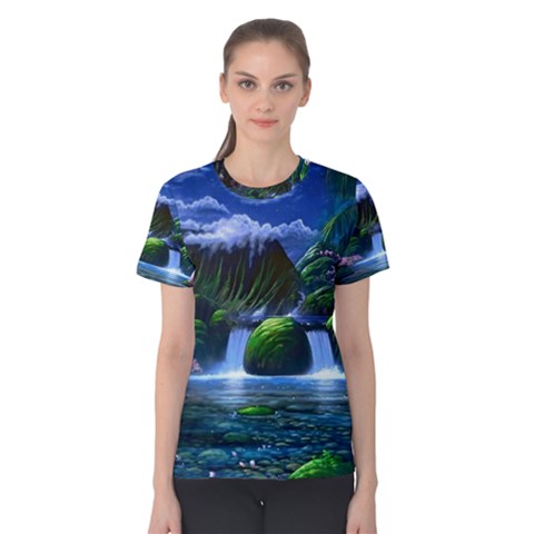 Flamingo Paradise Scenic Bird Fantasy Moon Paradise Waterfall Magical Nature Women s Cotton T-shirt by Ndabl3x