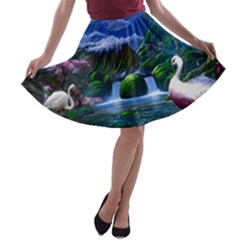 Flamingo Paradise Scenic Bird Fantasy Moon Paradise Waterfall Magical Nature A-line Skater Skirt by Ndabl3x