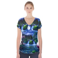 Flamingo Paradise Scenic Bird Fantasy Moon Paradise Waterfall Magical Nature Short Sleeve Front Detail Top by Ndabl3x