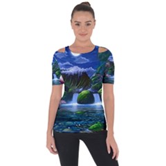 Flamingo Paradise Scenic Bird Fantasy Moon Paradise Waterfall Magical Nature Shoulder Cut Out Short Sleeve Top by Ndabl3x