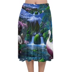 Flamingo Paradise Scenic Bird Fantasy Moon Paradise Waterfall Magical Nature Velvet Flared Midi Skirt by Ndabl3x