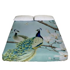 Couple Peacock Bird Spring White Blue Art Magnolia Fantasy Flower Fitted Sheet (california King Size) by Ndabl3x