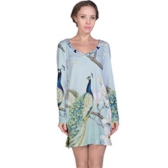 Couple Peacock Bird Spring White Blue Art Magnolia Fantasy Flower Long Sleeve Nightdress