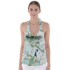 Couple Peacock Bird Spring White Blue Art Magnolia Fantasy Flower Tie Back Tankini Top by Ndabl3x