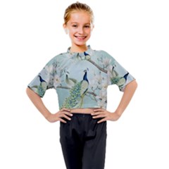 Couple Peacock Bird Spring White Blue Art Magnolia Fantasy Flower Kids Mock Neck T-shirt