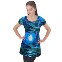 Bright Full Moon Painting Landscapes Scenery Nature Puff Sleeve Tunic Top by Ndabl3x