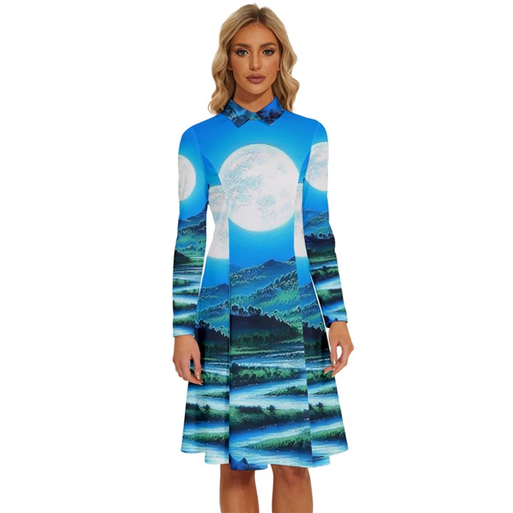 Bright Full Moon Painting Landscapes Scenery Nature Long Sleeve Shirt Collar A-Line Dress