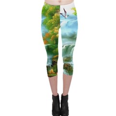 Paradise Forest Painting Bird Deer Waterfalls Capri Leggings  by Ndabl3x