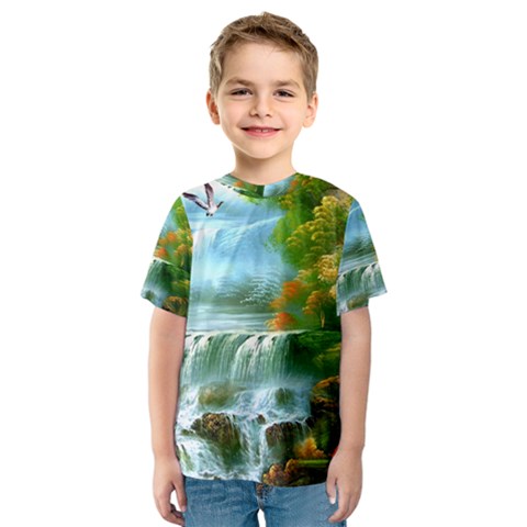 Paradise Forest Painting Bird Deer Waterfalls Kids  Sport Mesh T-shirt by Ndabl3x