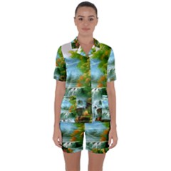 Paradise Forest Painting Bird Deer Waterfalls Satin Short Sleeve Pajamas Set by Ndabl3x