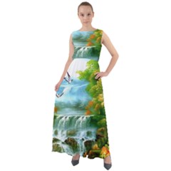 Paradise Forest Painting Bird Deer Waterfalls Chiffon Mesh Boho Maxi Dress