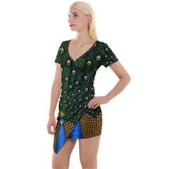 Peacock Feathers Tail Green Beautiful Bird Short Sleeve Asymmetric Mini Dress by Ndabl3x