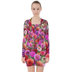 Flowers Colorful Garden Nature V-neck Bodycon Long Sleeve Dress