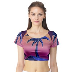 Abstract 3d Art Holiday Island Palm Tree Pink Purple Summer Sunset Water Short Sleeve Crop Top