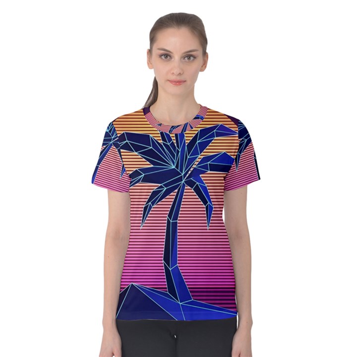 Abstract 3d Art Holiday Island Palm Tree Pink Purple Summer Sunset Water Women s Cotton T-Shirt