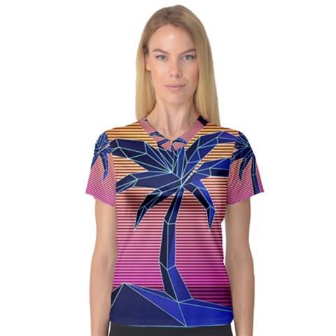 Abstract 3d Art Holiday Island Palm Tree Pink Purple Summer Sunset Water V-neck Sport Mesh T-shirt by Cemarart