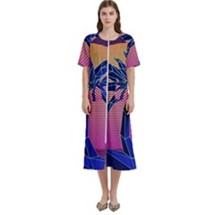 Abstract 3d Art Holiday Island Palm Tree Pink Purple Summer Sunset Water Women s Cotton Short Sleeve Night Gown by Cemarart