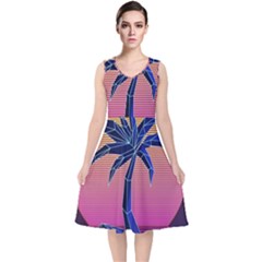 Abstract 3d Art Holiday Island Palm Tree Pink Purple Summer Sunset Water V-neck Midi Sleeveless Dress  by Cemarart