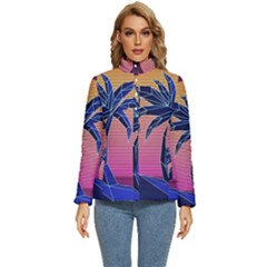 Abstract 3d Art Holiday Island Palm Tree Pink Purple Summer Sunset Water Women s Puffer Bubble Jacket Coat by Cemarart