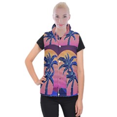 Abstract 3d Art Holiday Island Palm Tree Pink Purple Summer Sunset Water Women s Button Up Vest