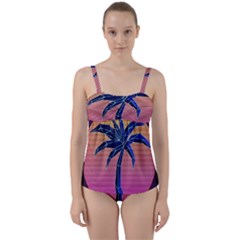 Abstract 3d Art Holiday Island Palm Tree Pink Purple Summer Sunset Water Twist Front Tankini Set by Cemarart