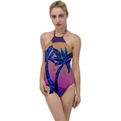 Abstract 3d Art Holiday Island Palm Tree Pink Purple Summer Sunset Water Go With The Flow One Piece Swimsuit by Cemarart