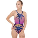 Abstract 3d Art Holiday Island Palm Tree Pink Purple Summer Sunset Water High Neck One Piece Swimsuit View1