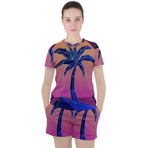 Abstract 3d Art Holiday Island Palm Tree Pink Purple Summer Sunset Water Women s T-shirt And Shorts Set by Cemarart