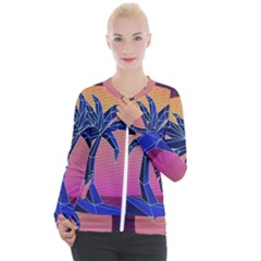 Abstract 3d Art Holiday Island Palm Tree Pink Purple Summer Sunset Water Casual Zip Up Jacket by Cemarart