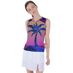 Abstract 3d Art Holiday Island Palm Tree Pink Purple Summer Sunset Water Women s Sleeveless Sports Top by Cemarart