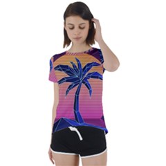 Abstract 3d Art Holiday Island Palm Tree Pink Purple Summer Sunset Water Short Sleeve Open Back T-shirt by Cemarart