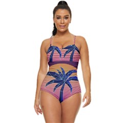 Abstract 3d Art Holiday Island Palm Tree Pink Purple Summer Sunset Water Retro Full Coverage Swimsuit by Cemarart