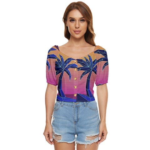 Abstract 3d Art Holiday Island Palm Tree Pink Purple Summer Sunset Water Button Up Blouse by Cemarart