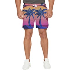 Abstract 3d Art Holiday Island Palm Tree Pink Purple Summer Sunset Water Men s Runner Shorts by Cemarart