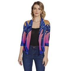 Abstract 3d Art Holiday Island Palm Tree Pink Purple Summer Sunset Water Women s Draped Front 3/4 Sleeve Shawl Collar Jacket by Cemarart