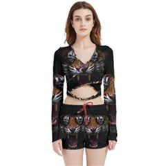 Tiger Angry Nima Face Wild Velvet Wrap Crop Top and Shorts Set