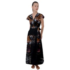 Tiger Angry Nima Face Wild Flutter Sleeve Maxi Dress