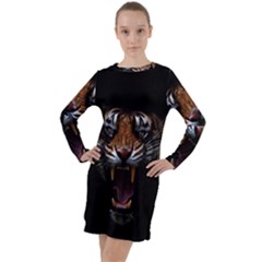 Tiger Angry Nima Face Wild Long Sleeve Hoodie Dress by Cemarart