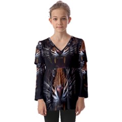 Tiger Angry Nima Face Wild Kids  V Neck Casual Top by Cemarart