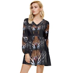 Tiger Angry Nima Face Wild Tiered Long Sleeve Mini Dress