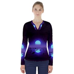 Sunset Colorful Nature Night Purple Star V-neck Long Sleeve Top