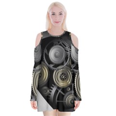 Abstract Style Gears Gold Silver Velvet Long Sleeve Shoulder Cutout Dress by Cemarart