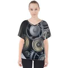 Abstract Style Gears Gold Silver V-neck Dolman Drape Top