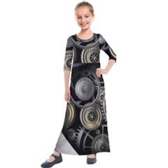 Abstract Style Gears Gold Silver Kids  Quarter Sleeve Maxi Dress