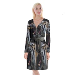 Angry Tiger Roar Long Sleeve Velvet Front Wrap Dress by Cemarart