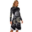 Abstract Style Gears Gold Silver Long Sleeve Shirt Collar A-Line Dress View3