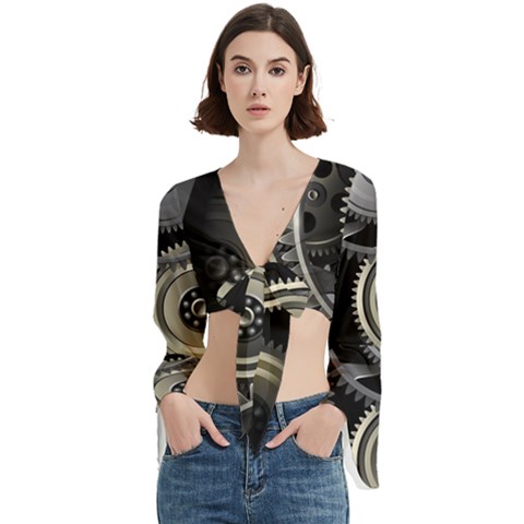 Abstract Style Gears Gold Silver Trumpet Sleeve Cropped Top by Cemarart