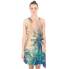 Palm Trees Beauty Nature Clouds Summer Halter Collar Waist Tie Chiffon Dress by Cemarart